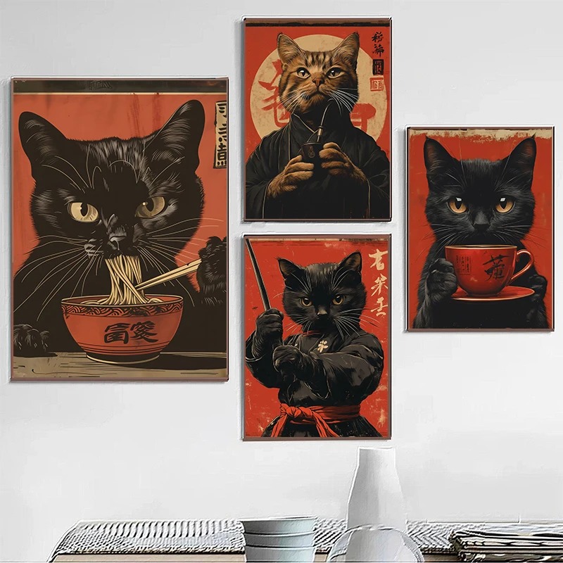 Japanese Lifestyle Home - Japoński styl Edo Czarny Kot Jedzący